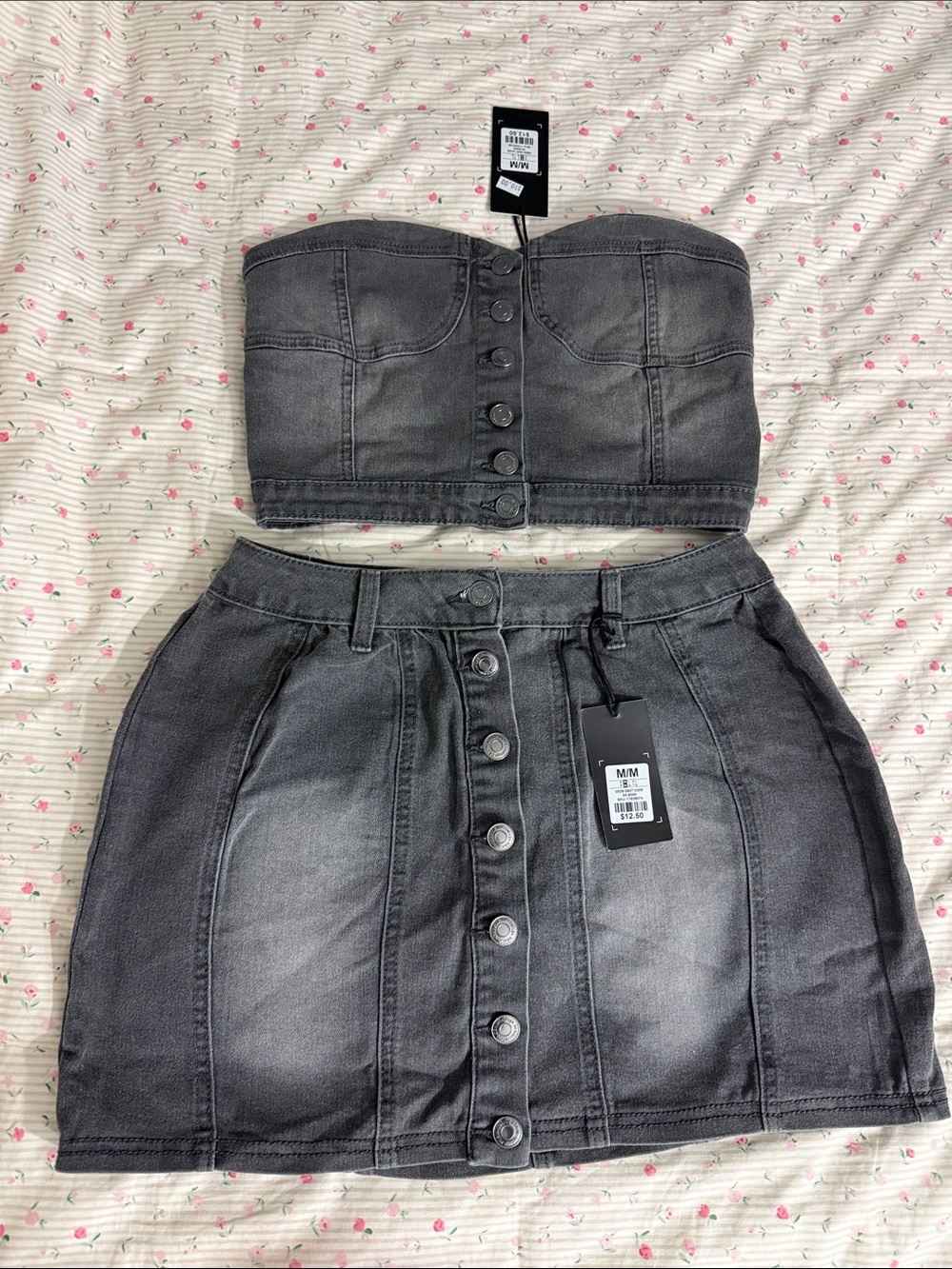 refuge Charcoal Gray Denim Mini Skirt and crop top